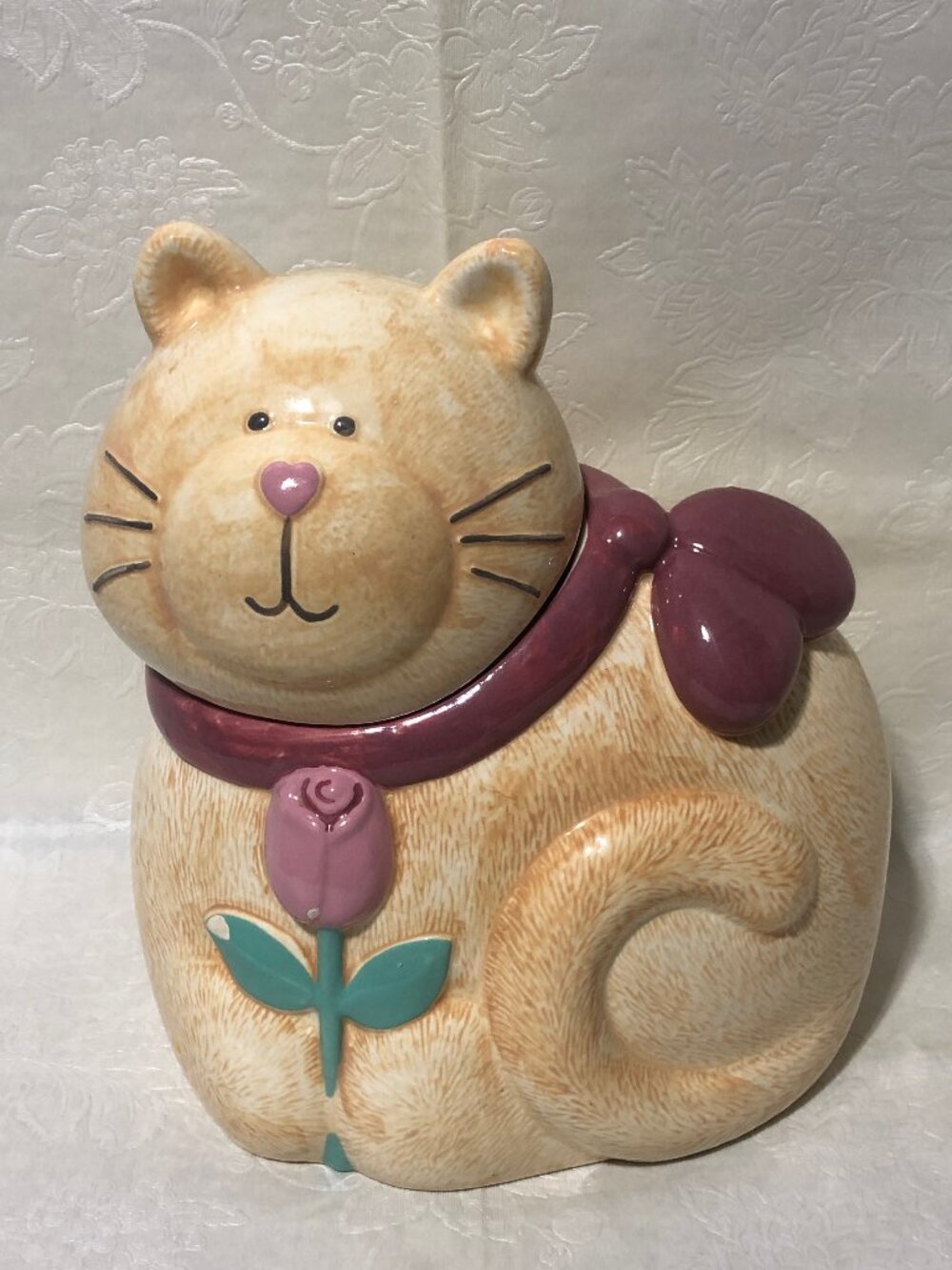 Vintage Treasure Craft Ginger Cat Cookie Jar w/ Flower by Susan Marie